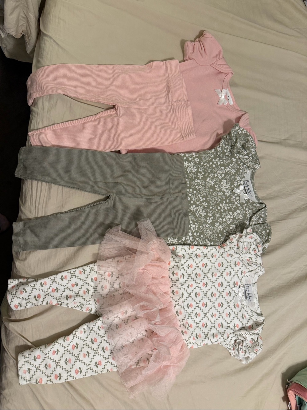 Nicole Miller Pink, Olive & White Floral Baby Legging Set with Tulle Skirt